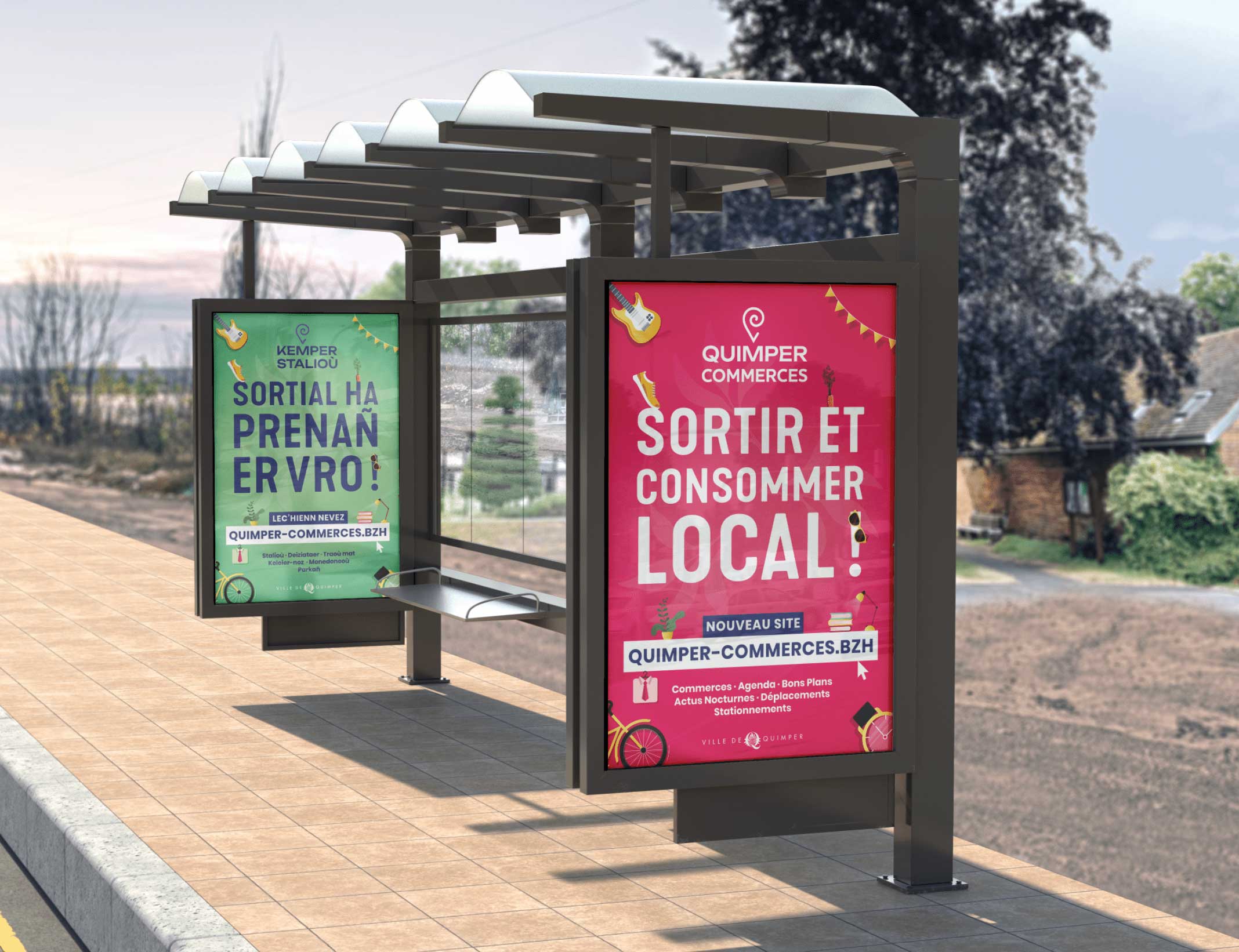 Affiche en français et breton pour le lancement du site Quimper Commerces créé par K unique, agence de communication à Quimper