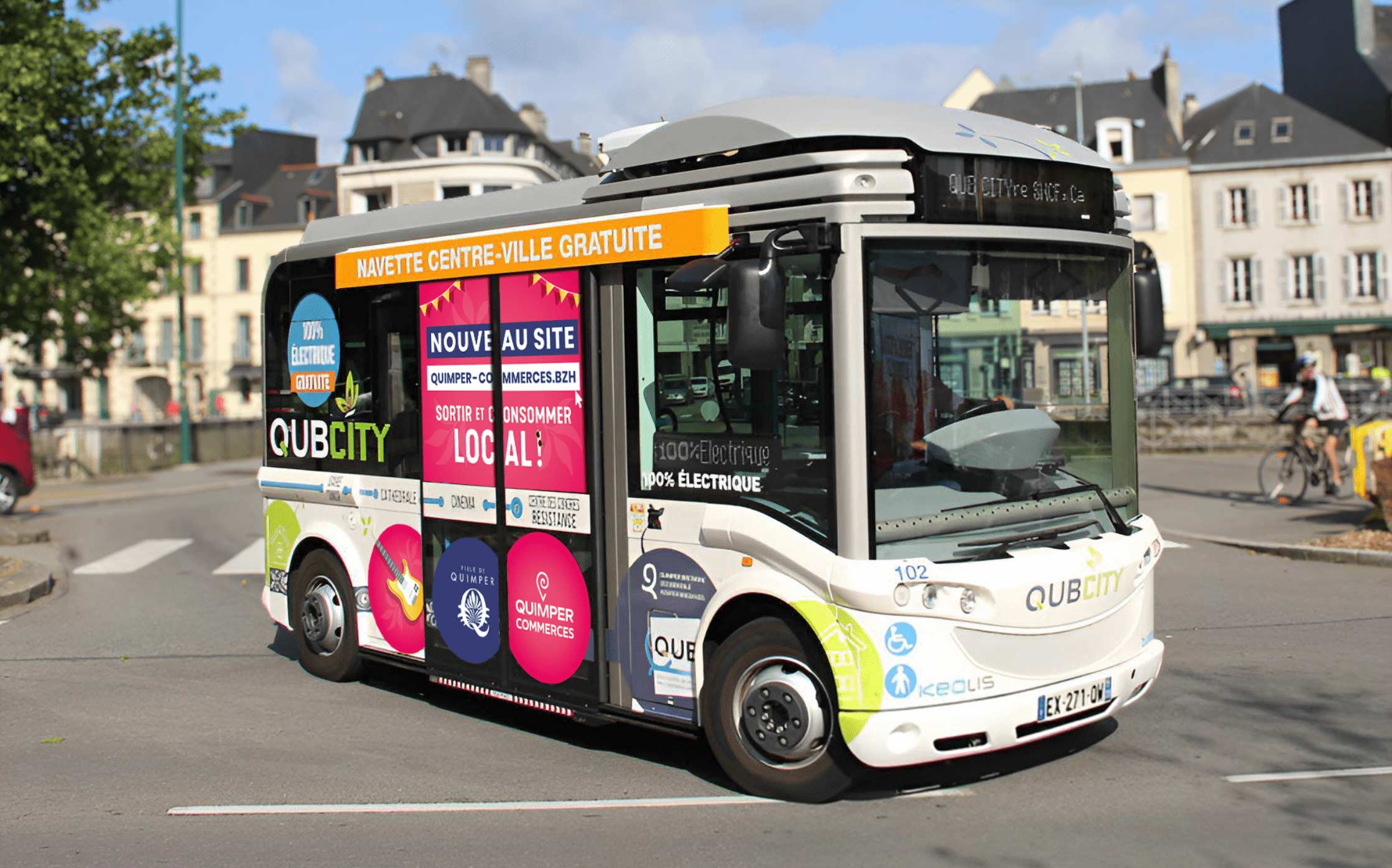 Habillage de bus pour le lancement du site Quimper Commerces créé par K unique, agence de communication à Quimper