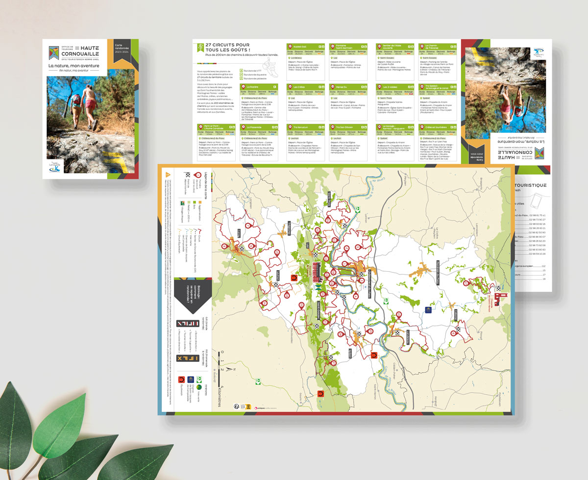 Carte randonnée pour l'office de tourisme de la Haute Cornouaille créée par K unique, agence de communication à Quimper