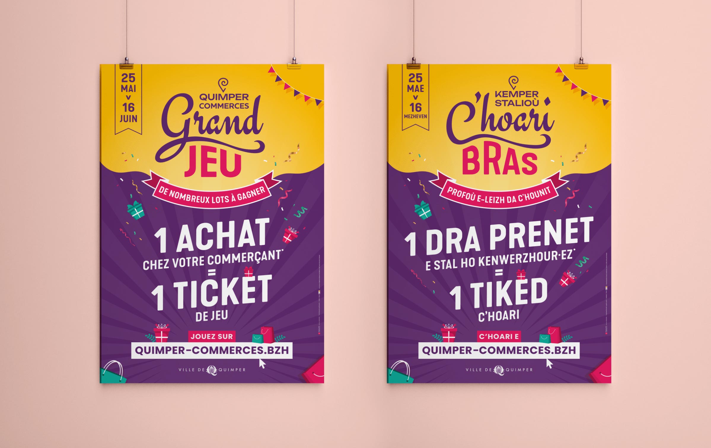 Affiches pour le jeu concours de Quimper Commerces créée par K unique, agence de communication à Quimper